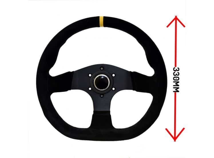 LTEC steering wheel 3 SPOKE. Diameter: 330mm Depth: flat Bottom: Flat Material: Suede Includes horn cap. 6x70mm PCD