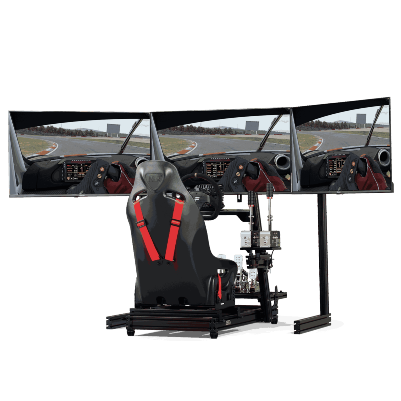 NEXT LEVEL RACING ELITE FREE STANDING TRIPLE MONITOR STAND - BLACK EDITION - complete simulator view